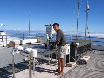 Photo of the sunphotometer on the roof of the Izana Obersvatory with Site Manager Ramon Ramos.