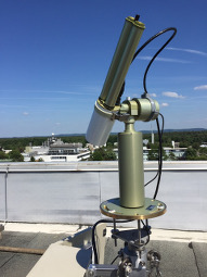 AERONET Station KITcube_Karlsruhe with Cimel CE318TP9-T installed on a rooftop at KIT Campus North with view to the east. In the background you can see the C-Band radar of the Institute of Meteorologie and Climate research.