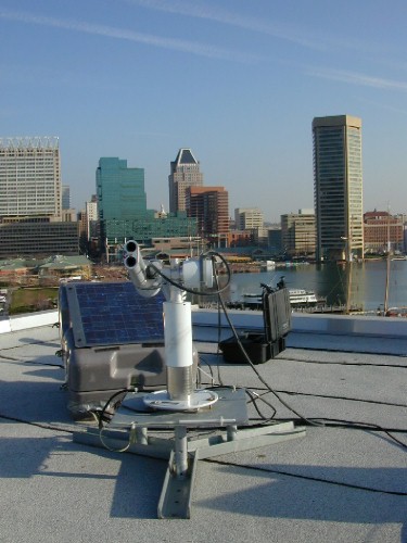 A close-up view of the sun photometer and view of Baltimore Inner Harbor