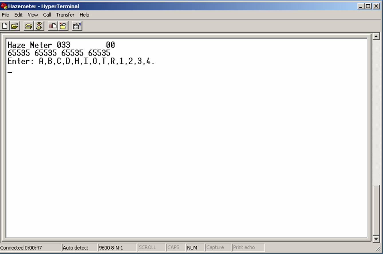 A screen snapshot showing the initial output from the hazemeter when connected to the computer