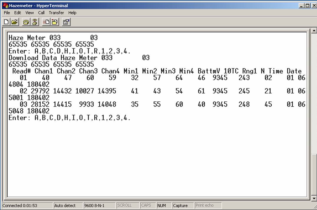 A screen snapshot showing how the data will appear after downloading from the Hazemeter