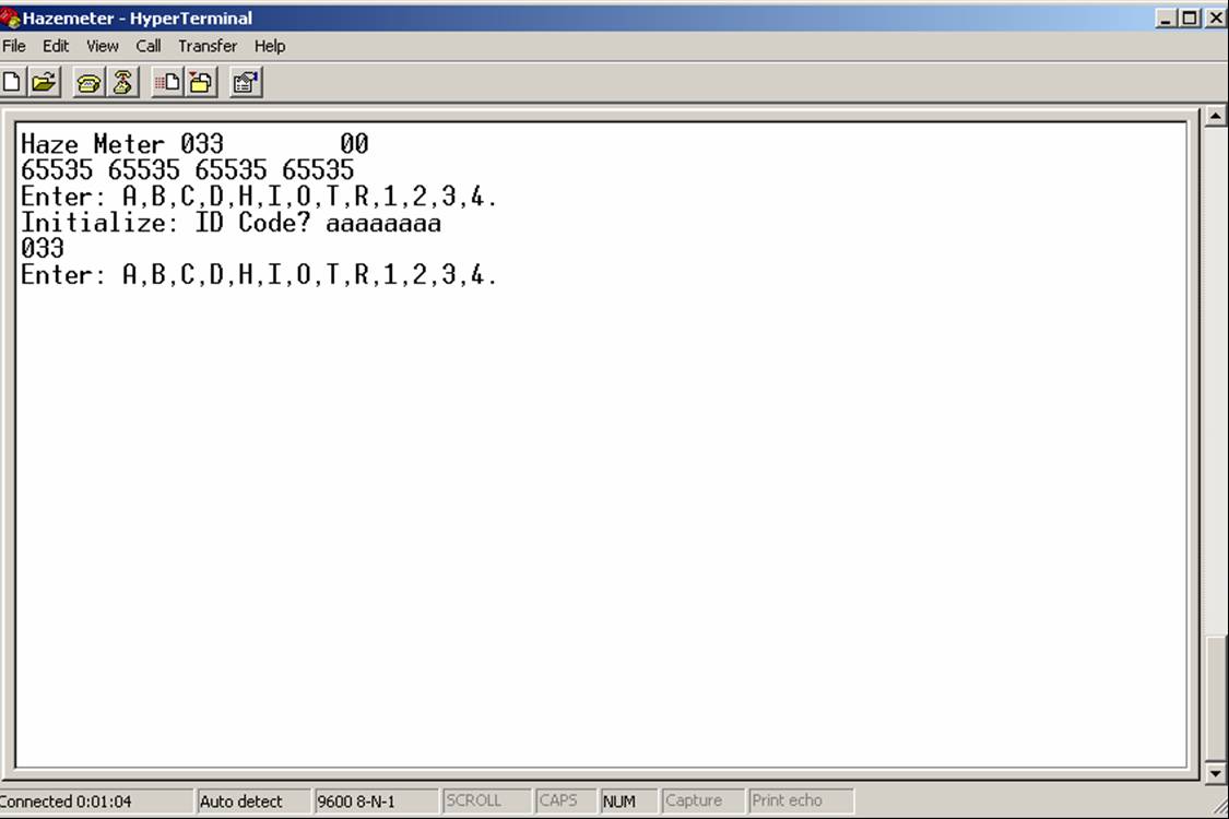 A screen snapshot of the effect of pressing "I" to initialize the hazemeter and reenter the 3-digit instrument number