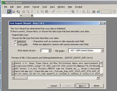 The image shows step 1 of 3 in the text import wizard.  Select the delimited option and press Next.