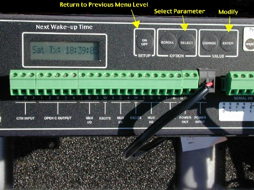 Close up picture of VITEL transmitter -- arrows point to the 'ON' and 'OFF' buttons (return to previous menu level), 'scroll' and 'select' buttons (select parameters), and 'change' and 'enter' buttons (modify and confirm selection)