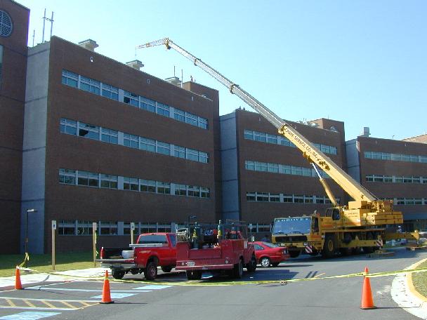 A view of building 33 where a crane will hoist the calibration platform to the roof