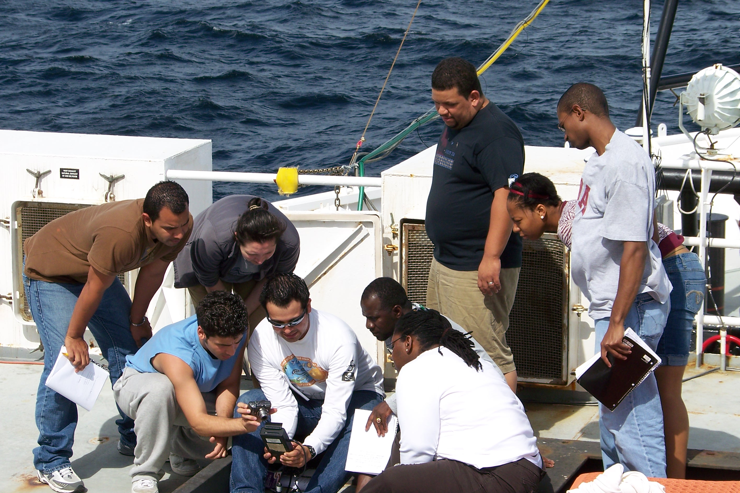 Mr. Adrian Flores (Howard University graduate student) provides instruction to the other students on how to take measurements properly with the sun photometer during the 2009 PNE/AEROSE trans-Atlantic field campaign.  Photo courtesy of Dr. Vernon Morris (Howard University).
