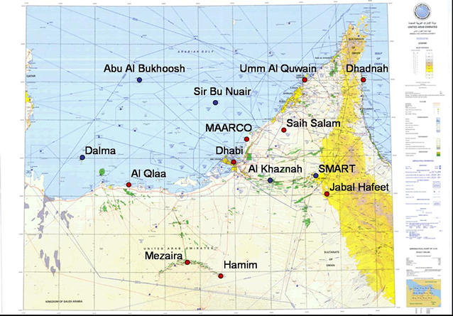 Available AERONET sites overlayed on a United Arab Emirates aviation map to view AERONET site information