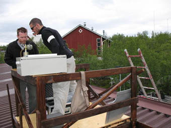 CIMEL instrument no. 150 being installed on a dedicated platform on the roof of the Abisko Research Station, May 2007 (Dr. P. Stoy, left and Dr. M. Disney, right).