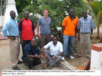CRPSM-Malindi site working tean with Joel Schafer. Standing L-R: Mwaringa C., Juma R., Schafer J., Oyengo B., Kamunyu J. Seated L-R: Oigo J., Muasya C.