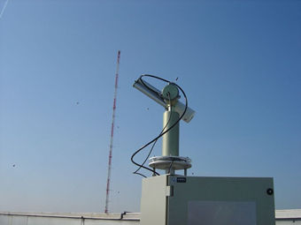 Another image of the sun photometer, also showing the 200 m meteorological tower where wind, turbulence, temperature, and other measurements are carried out.