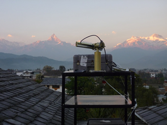 The sunphotometer in front of the Annapurna Range at sunset.
