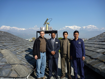The sunphotometer with Arnico Panday CO-I), Gupta Giri (SM), along with Ravi Mishra and Deependra who assisted with the installation.