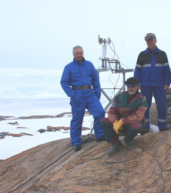 Byelorussian scientific team: Aleksey Gaidashev (in center  head of the team) - space communication and data transfer; Michael Korol (left side, ngineer  radiophysicist) and Oleg Miasnikov (right side, geophysicist)  installation of the radiometer and other equipment and maintenance works  
