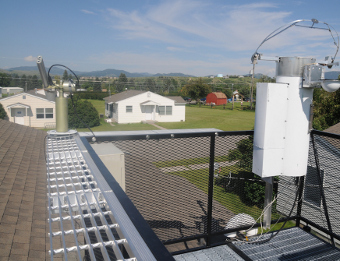 Montana State University AERONET instrument (left) and all-sky polarization imager (right) on rooftop platform in Bozeman, Montana.