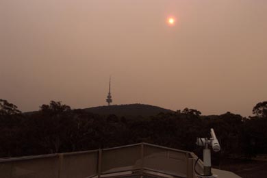 A view of the sunphotometer and the sun taken during a January 2003 firestorm.