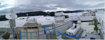 Panoramic view from southeast (left) to northwest (right). The Sun photometer is located in the right rear corner of the photograph. Credit: Patric Seifert. 