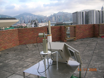 The location of the sunphotometer in the PolyU library roof, with the harbour in the middle background