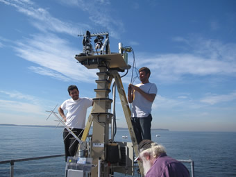 In addition, hyperspectral instrument HyperSAS is positioned on the same plate. HyperSAS water- and sky looking radiance sensors are fixed on the plate and point to the West.