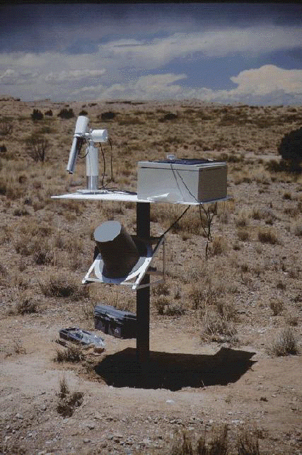 A view of the sun photometer and platform in the desert