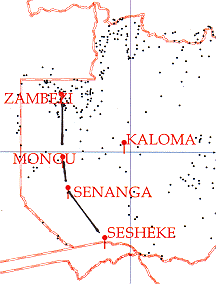 Map of Zambia including Zambezi, Kaloma, Mongu, Senanga, and Sesheke